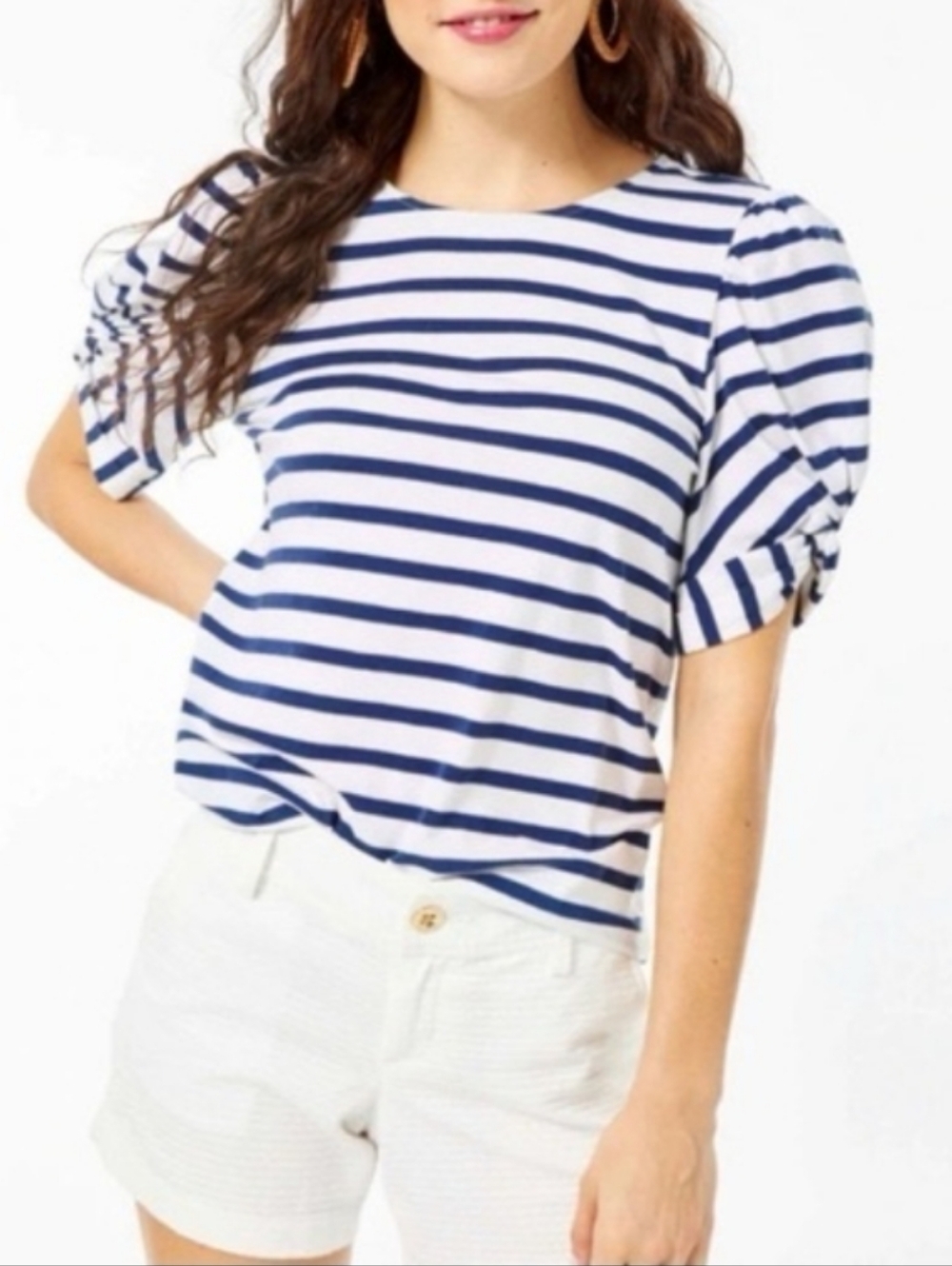 Lilly Pulitzer Elisabette Navy and White Striped Puff Sleeve Tee
